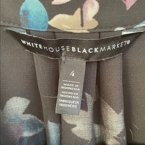 White House Black Market Blouse 4 Floral Tie Neck Women’s Black Blue Long Sleeve - Picture 10 of 12